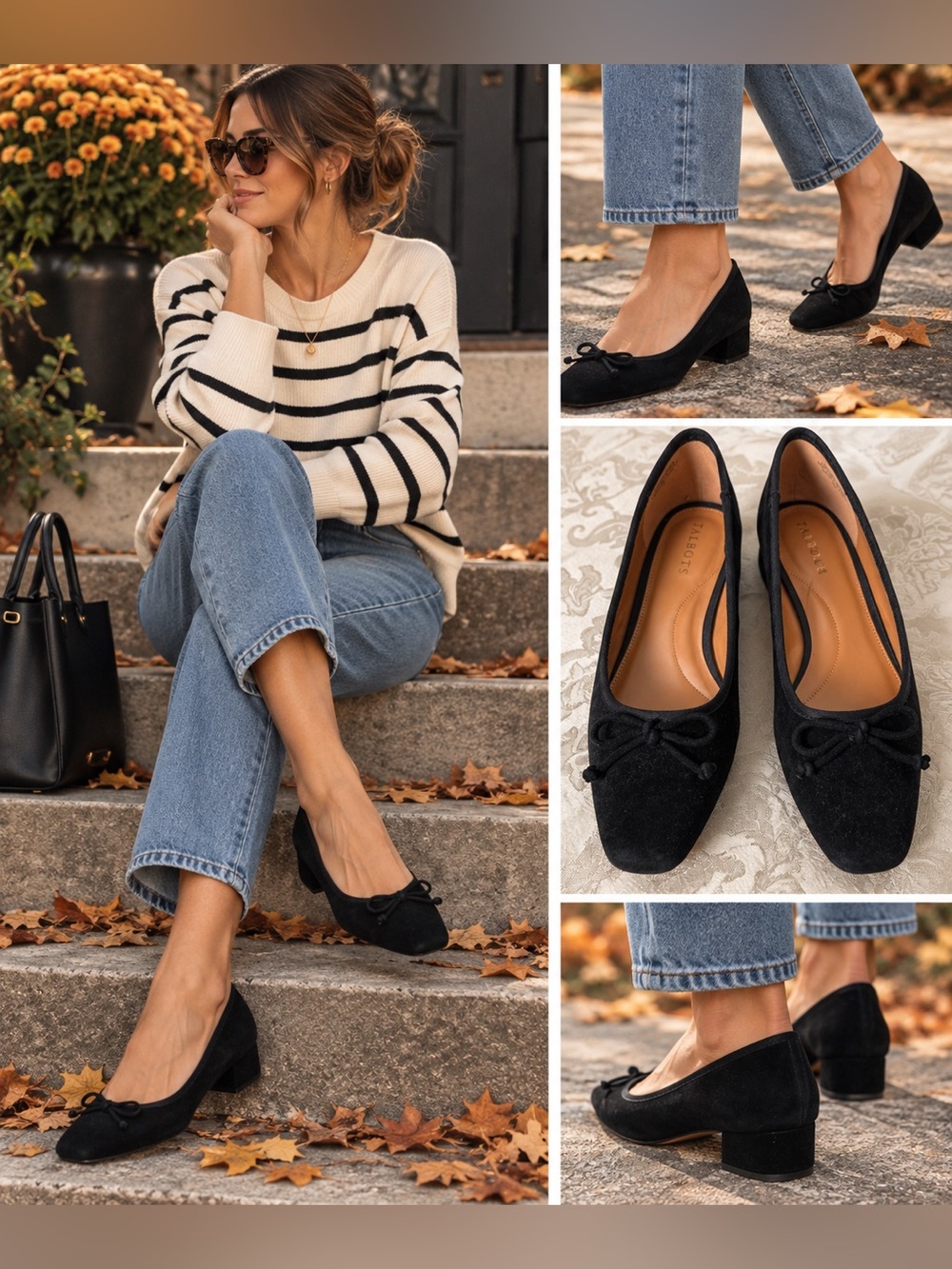 Talbots Black Suede Bow Pumps 7M Low Block Heel Balletcore